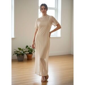 Hyfve Beige Sheer Mesh Mock Neck Maxi Dress Short Sleeve Nude Layered Small